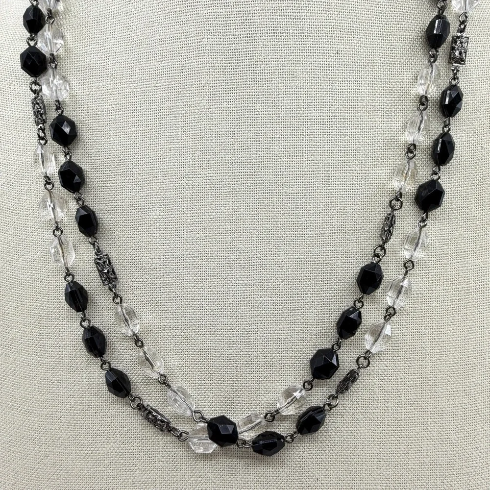 Black Clear Faceted Bead Double Strand Necklace Gunmetal Gothic Statement Gift